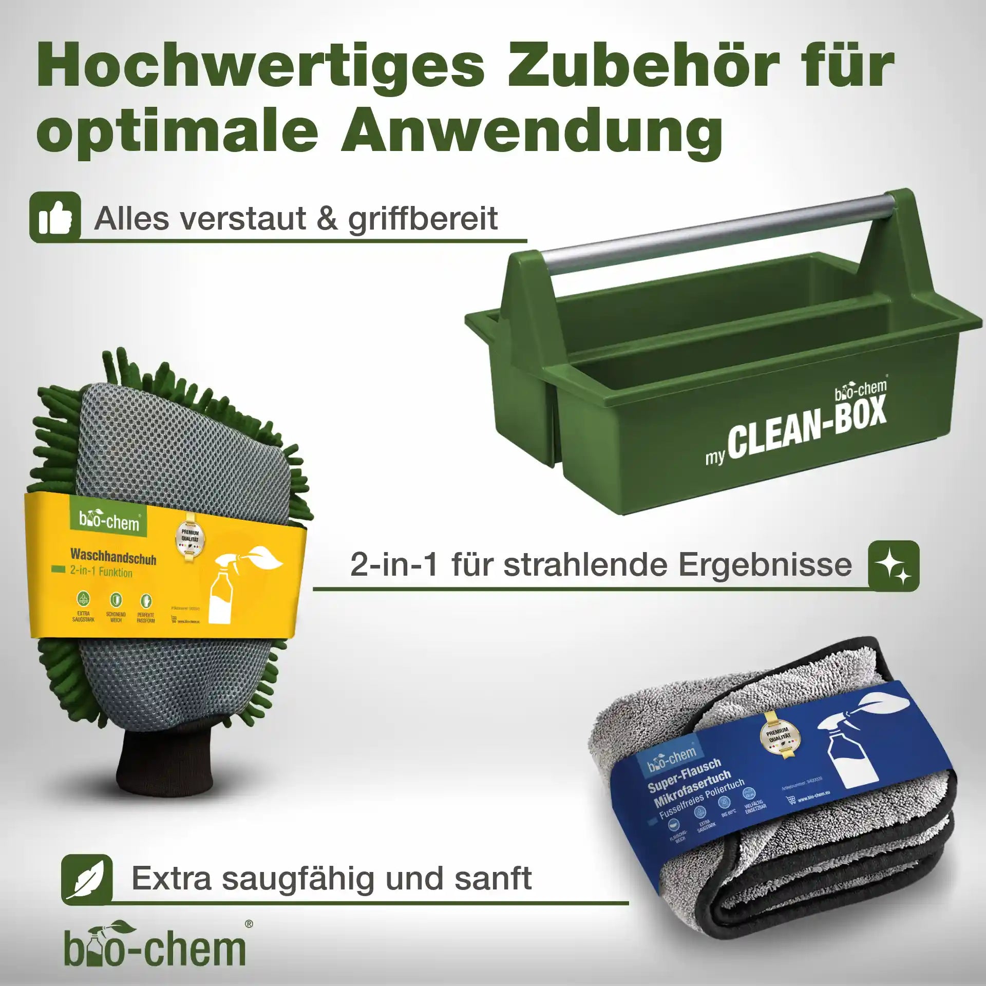 Mikrofaser-Waschhandschuh, Poliertuch und Clean-Box für die schonende Caravan- und Wohnmobilpflege
