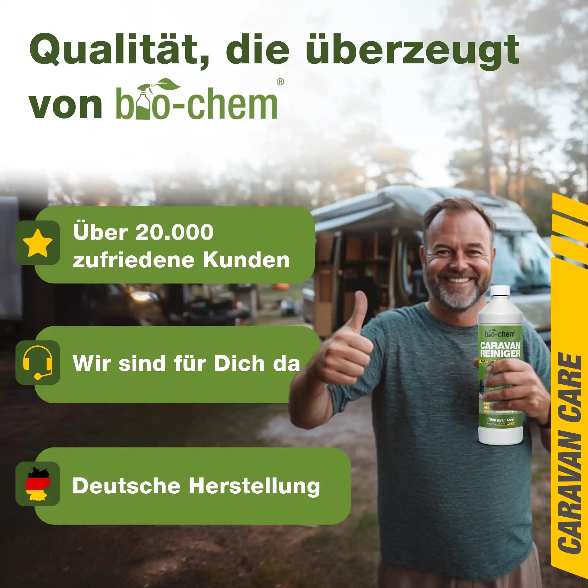 Zufriedener Wohnmobilbesitzer mit bio-chem Caravan-Reiniger vor einem Caravan auf dem Campingplatz