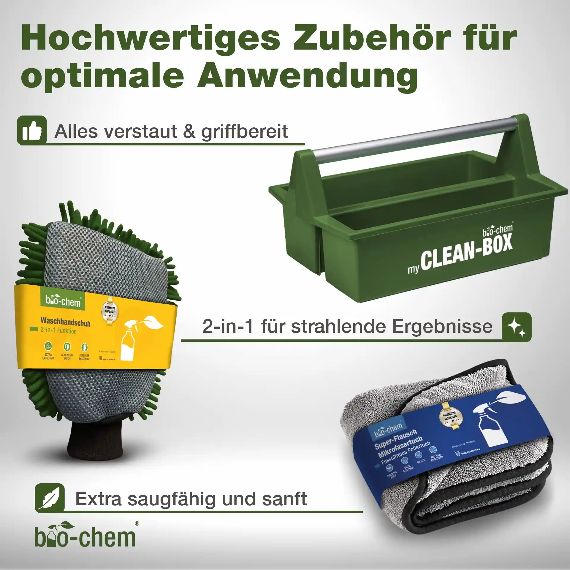Mikrofaser-Waschhandschuh, Poliertuch und Clean-Box für die schonende Caravan- und Wohnmobilpflege