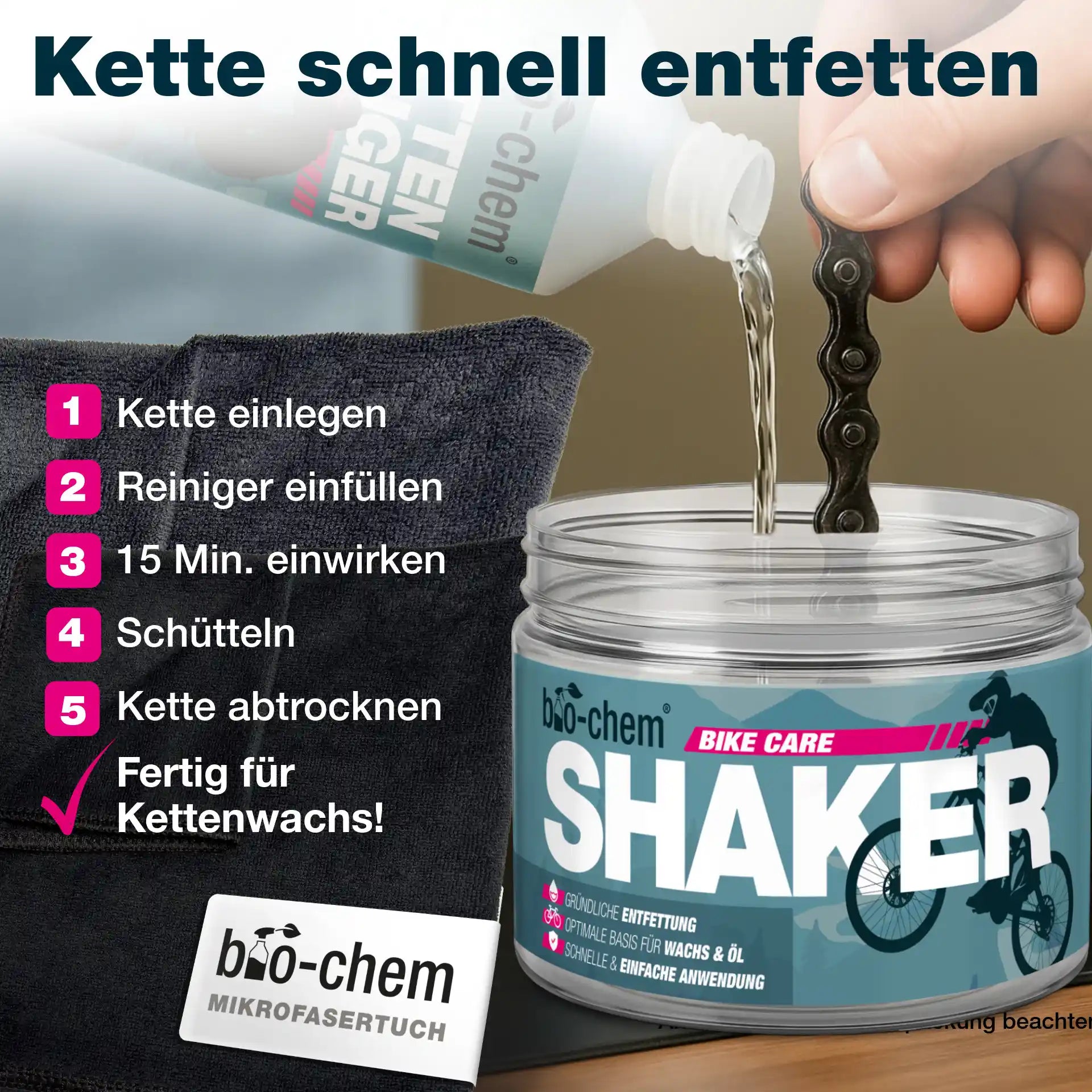 Anleitung zur Kettenreinigung im Shaker: Kette einlegen, Reiniger füllen, schütteln und abtrocknen.