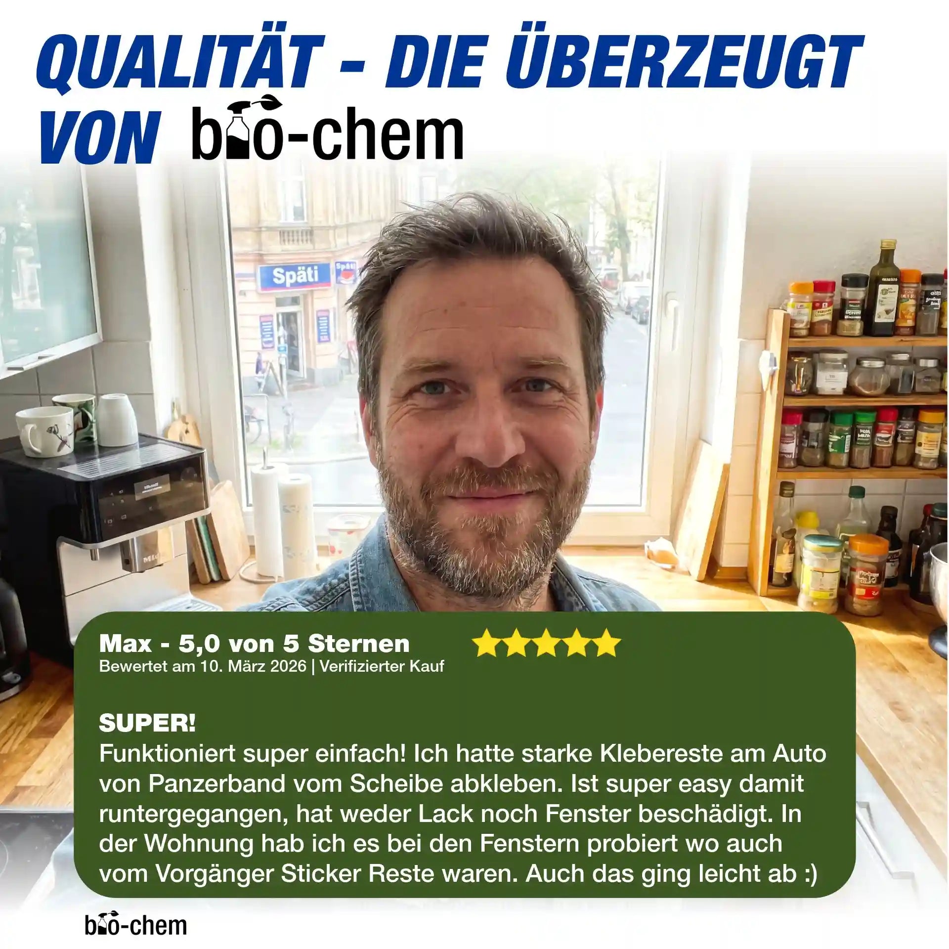 5-Sterne Kundenbewertung von Max für bio-chem: Erfolgreiche Entfernung von Panzerband-Resten am Auto und Stickern am Fenster.