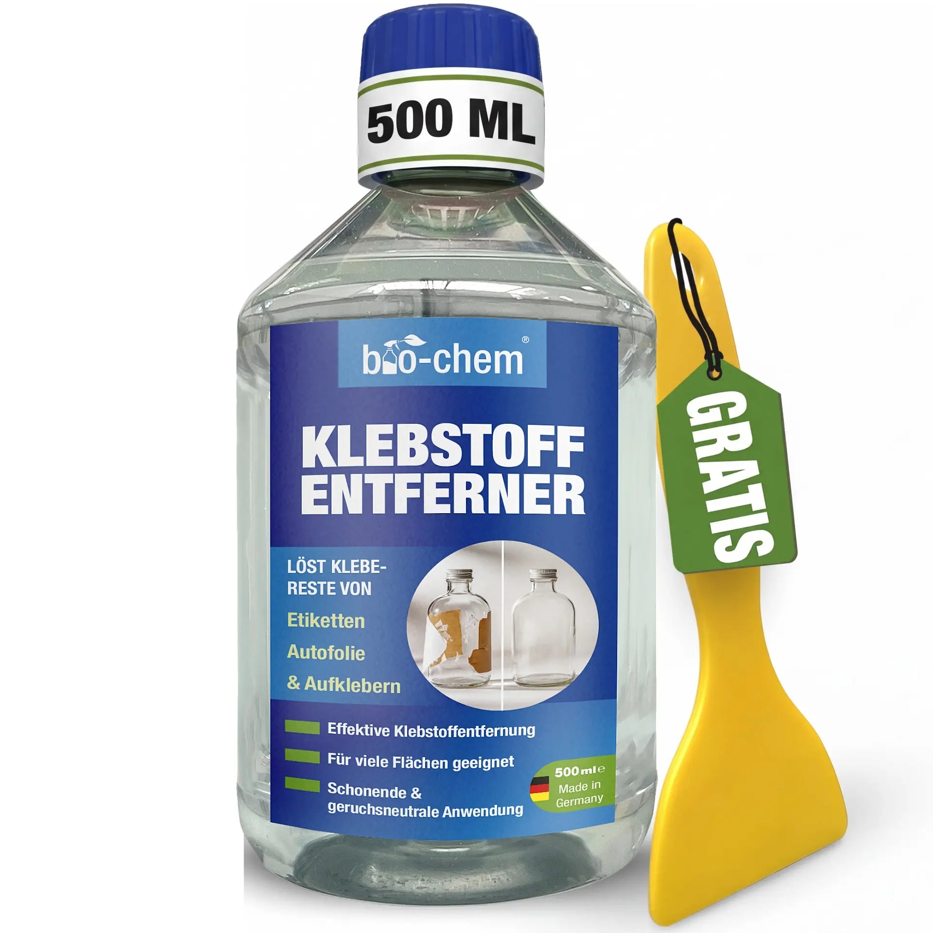 bio-chem Klebstoffentferner 500ml Flasche inklusive gratis gelbem Reinigungsschaber zum Entfernen von Etiketten und Aufklebern.