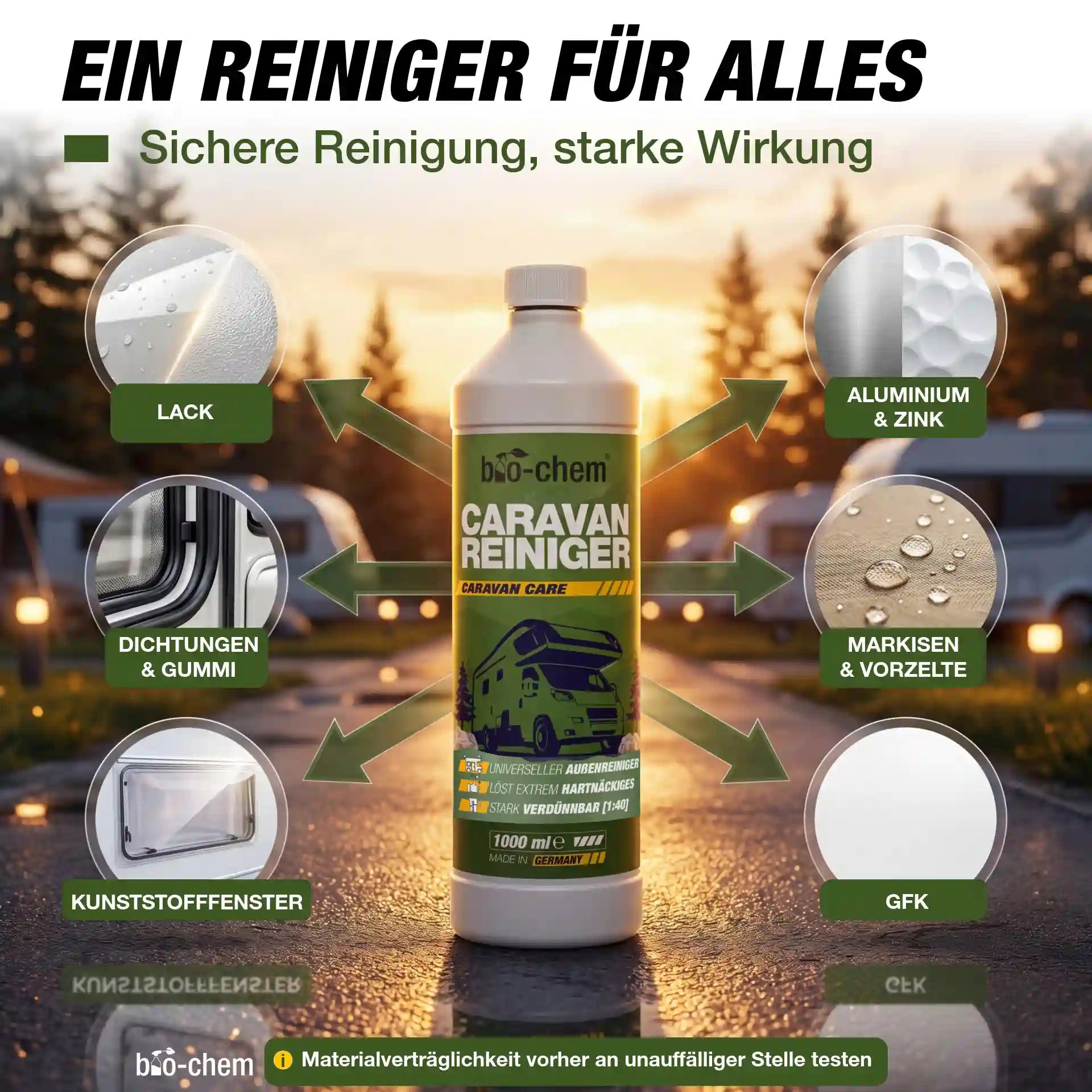 Einsatzgebiete des bio-chem Caravanreinigers: Sicher für Lack, Dichtungen, Gummi, Kunststofffenster, Aluminium, Zink, Markisen, Vorzelte und GFK.
