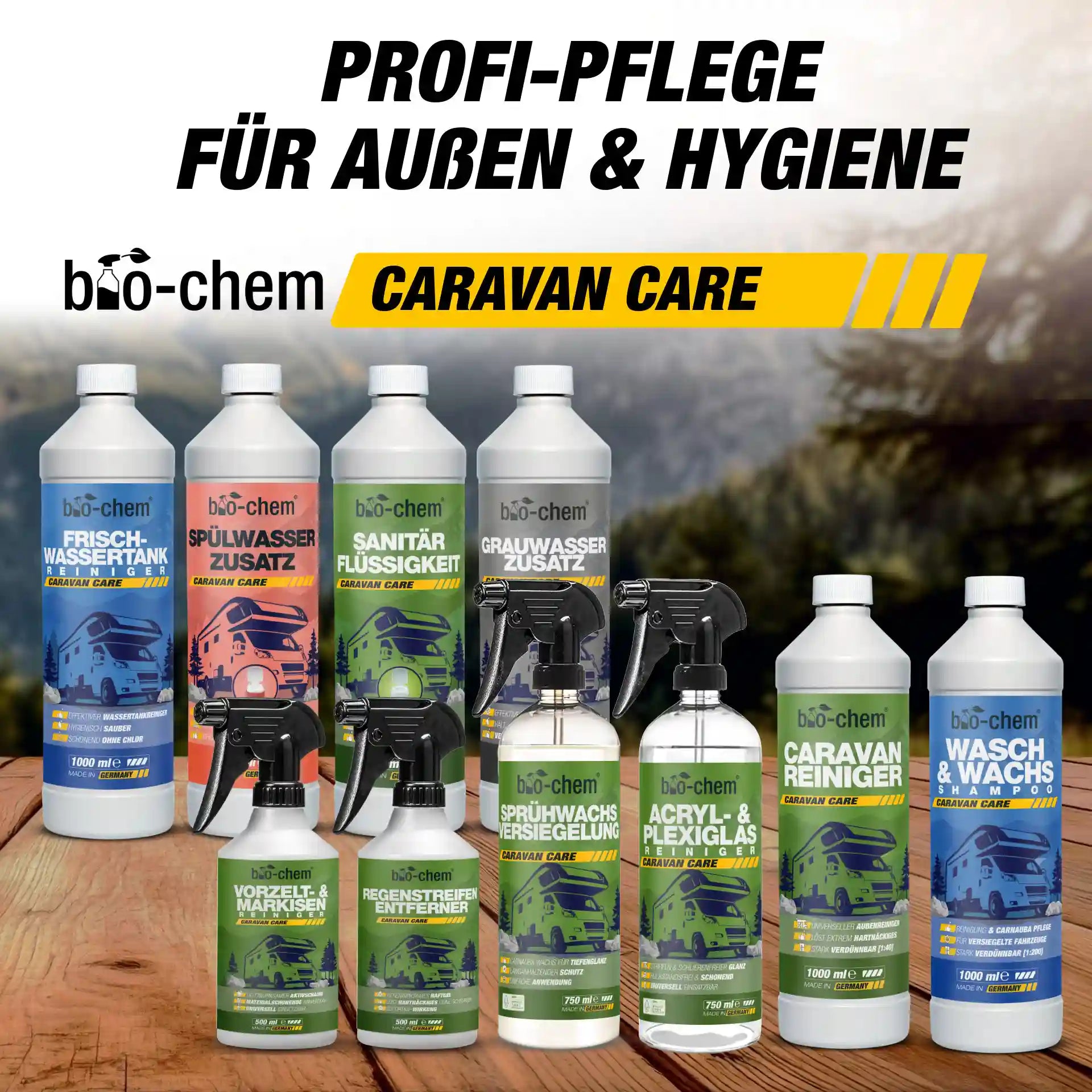 Übersicht der bio-chem Caravan Care Serie: Reiniger für Wassertanks, Sanitärflüssigkeiten, Regenstreifenentferner, Sprühwachs und Acrylglasreiniger.