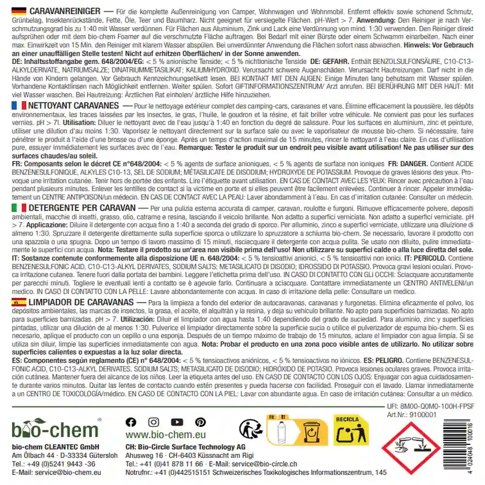 Rückseite der Flasche mit detaillierten Anwendungshinweisen, Inhaltsstoffen und Sicherheitshinweisen für den bio-chem Caravanreiniger in vier Sprachen.