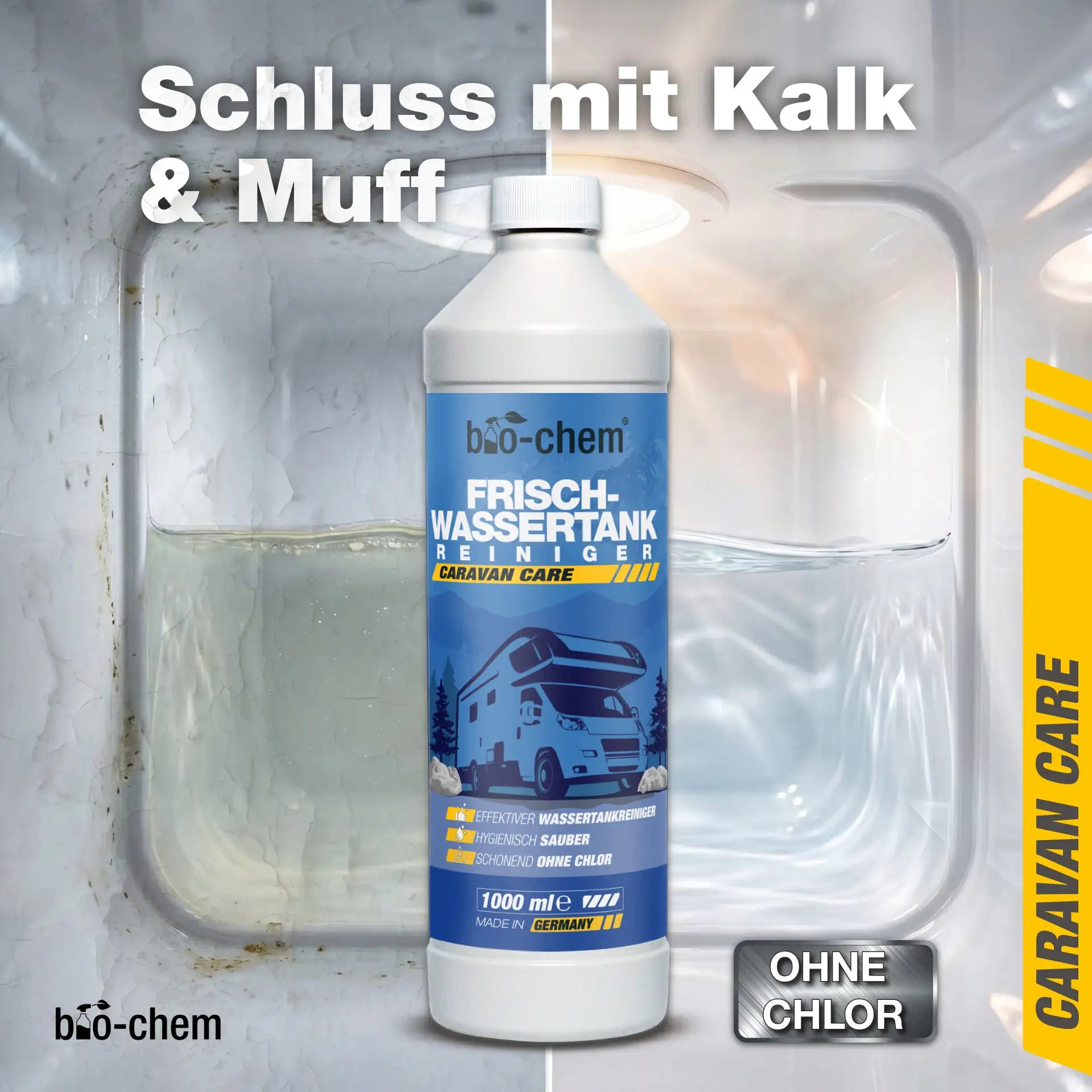 bio-chem Frischwassertank-Reiniger 1000ml für Wohnmobile und Wohnwagen – Chlorfreies Konzentrat für hygienische Sauberkeit.