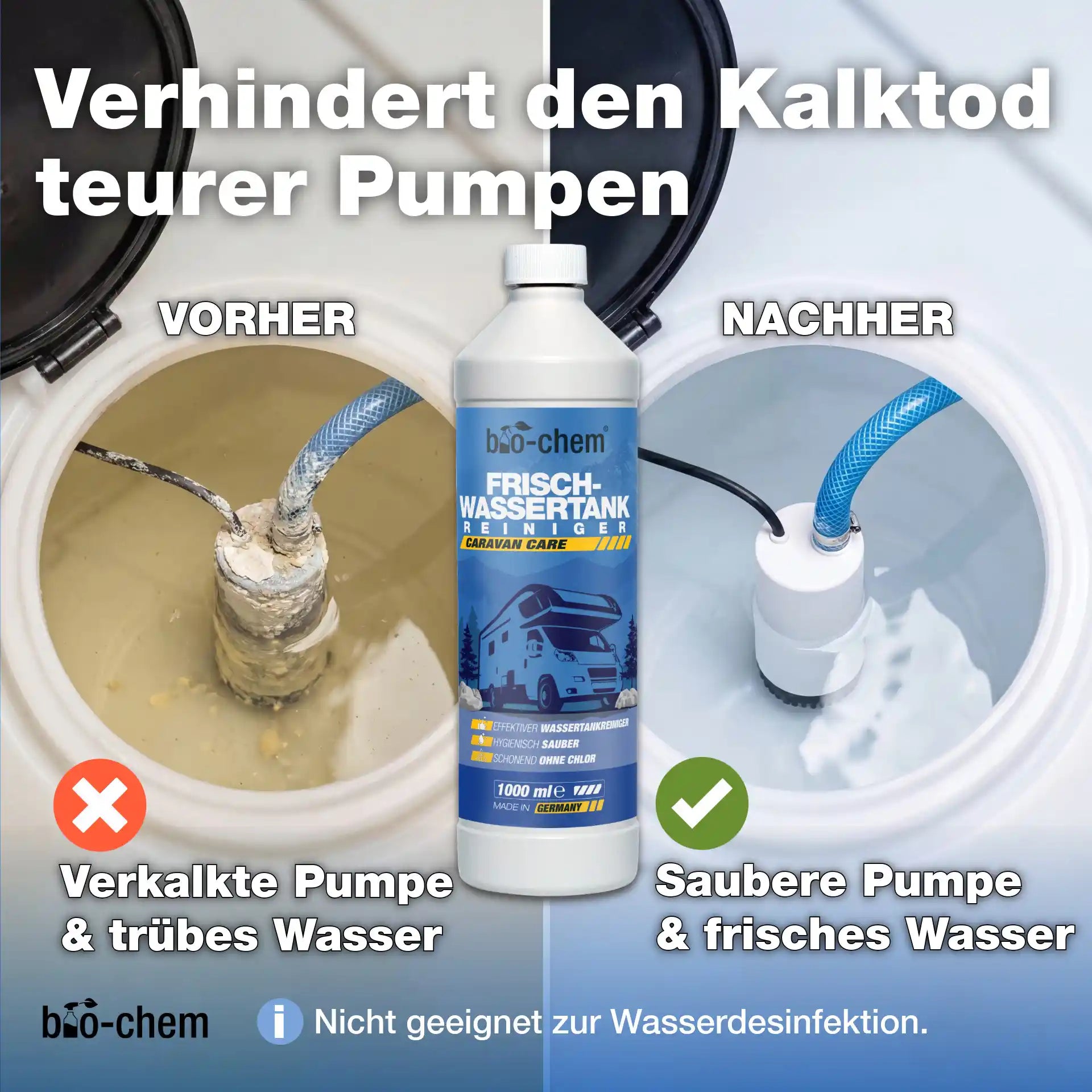 Vergleich: Entfernung von Kalkablagerungen an der Tauchpumpe im Wassertank mit dem bio-chem Frischwassertank-Reiniger.