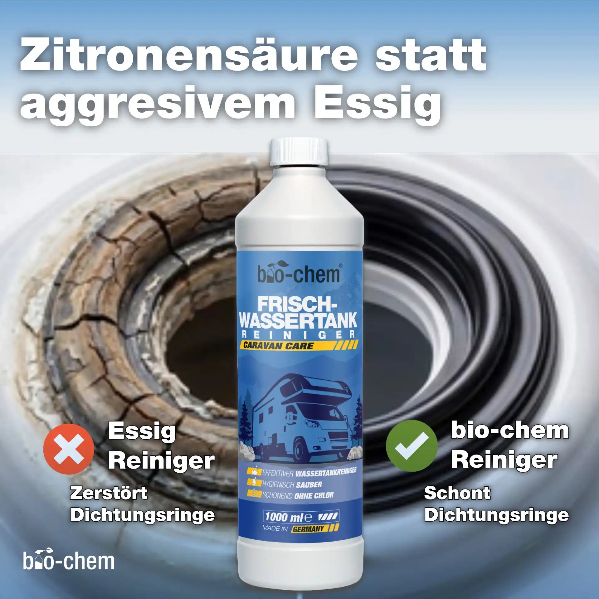 Schutz der Dichtungsringe im Camper: Vergleich zwischen Essigreiniger, der Dichtungen beschädigt, und schonendem bio-chem Reiniger auf Zitronensäure-Basis.