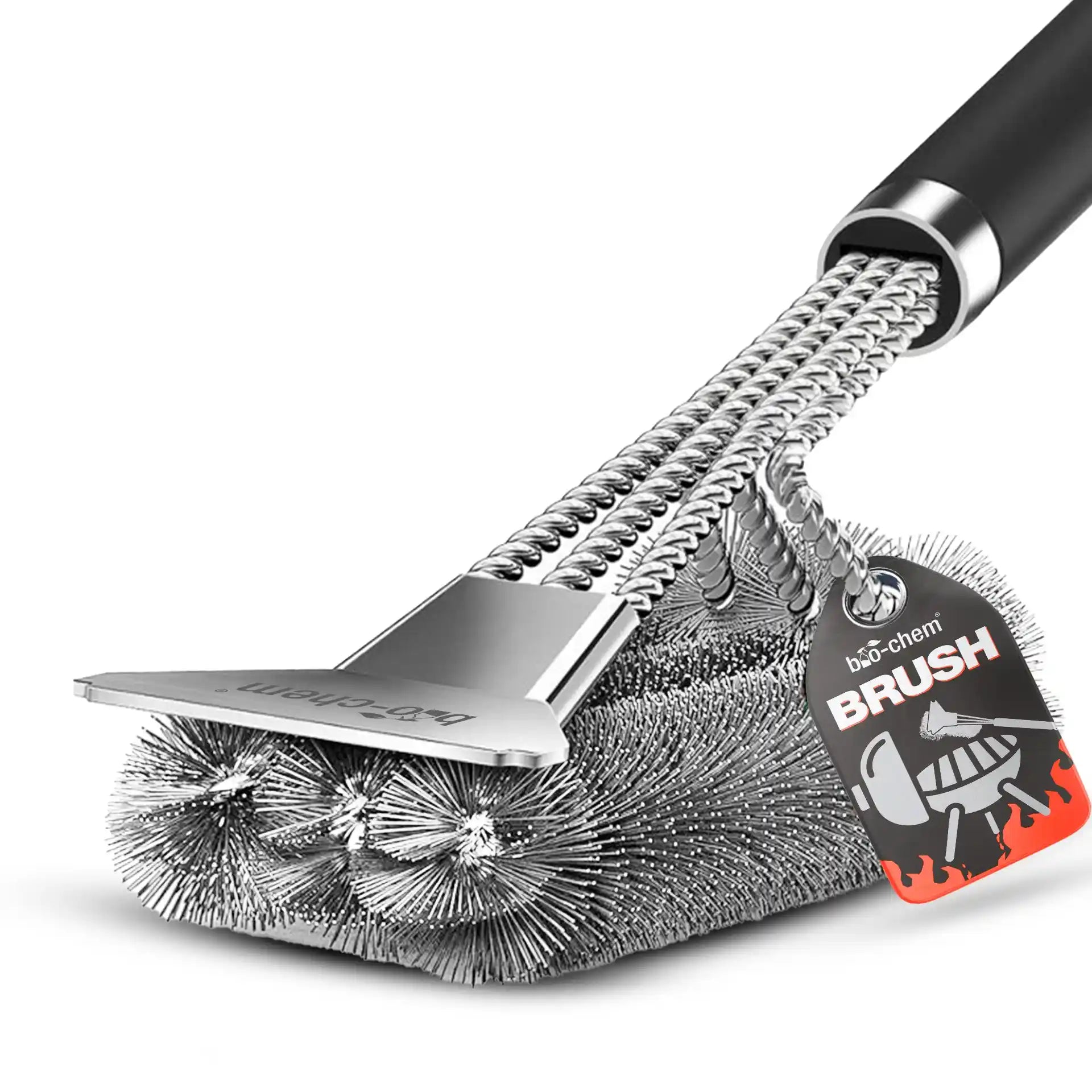 bio-chem BBQ CARE Profigrill-Bürste aus Edelstahl mit robusten Borsten, integriertem Schaber und Aufhänge-Tag.