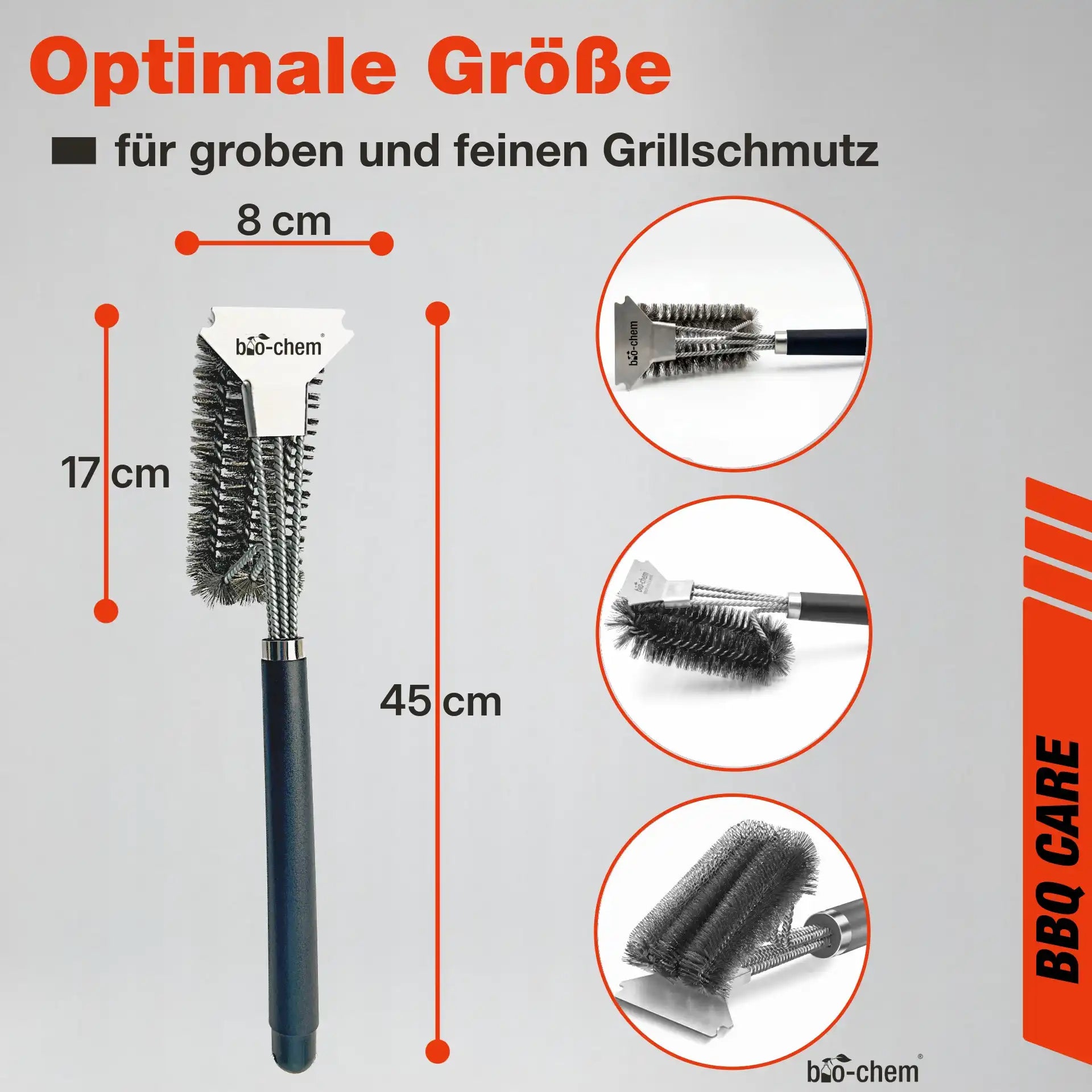 Produktmaße der bio-chem Profigrill-Bürste: 45 cm Gesamtlänge und 17 cm Bürstenkopf für optimale Reichweite und Reinigung.