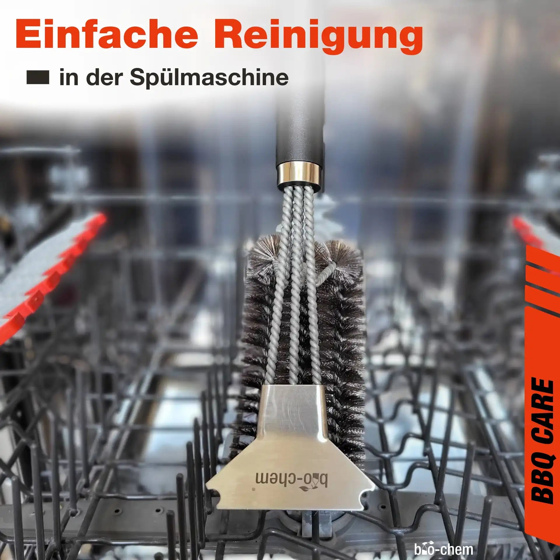 Hygienische Reinigung: Die bio-chem Grillbürste aus Edelstahl ist spülmaschinengeeignet und leicht zu pflegen.