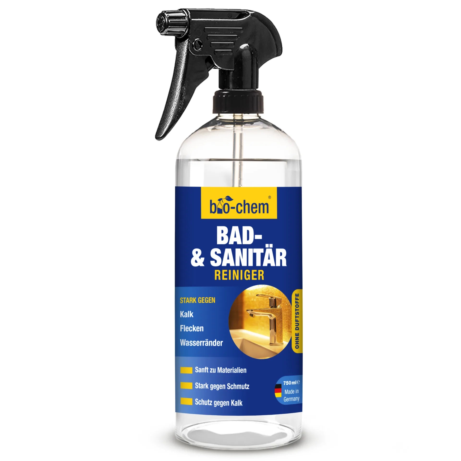 Bad- und Sanitärreiniger mit kraftvollem Aktivschaum und Abperl-Effekt – in praktischer Sprühflasche von bio-chem