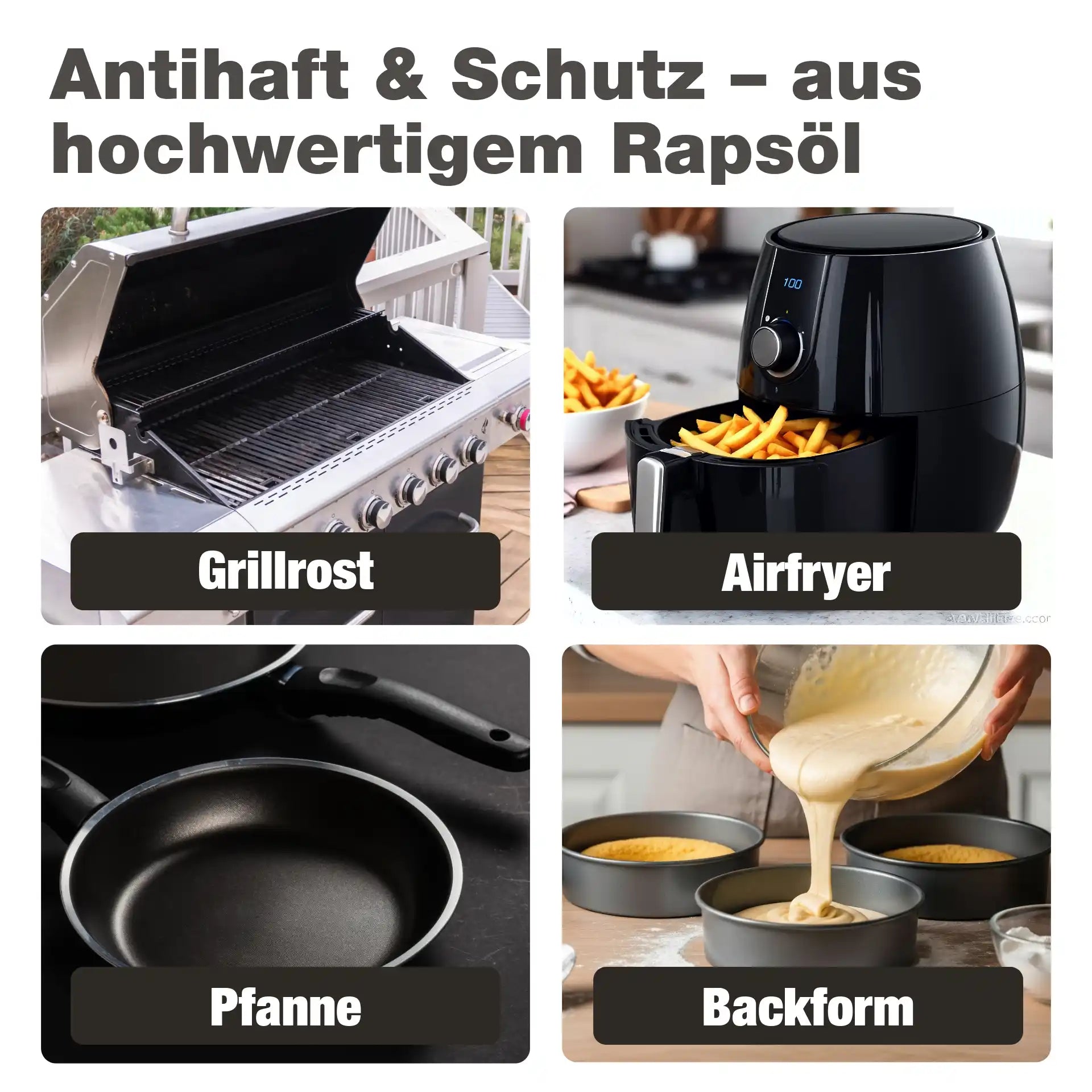 Anwendungsbereiche: Grill, Airfryer, Pfanne und Backform – bio-chem Ölspray Rapsöl
