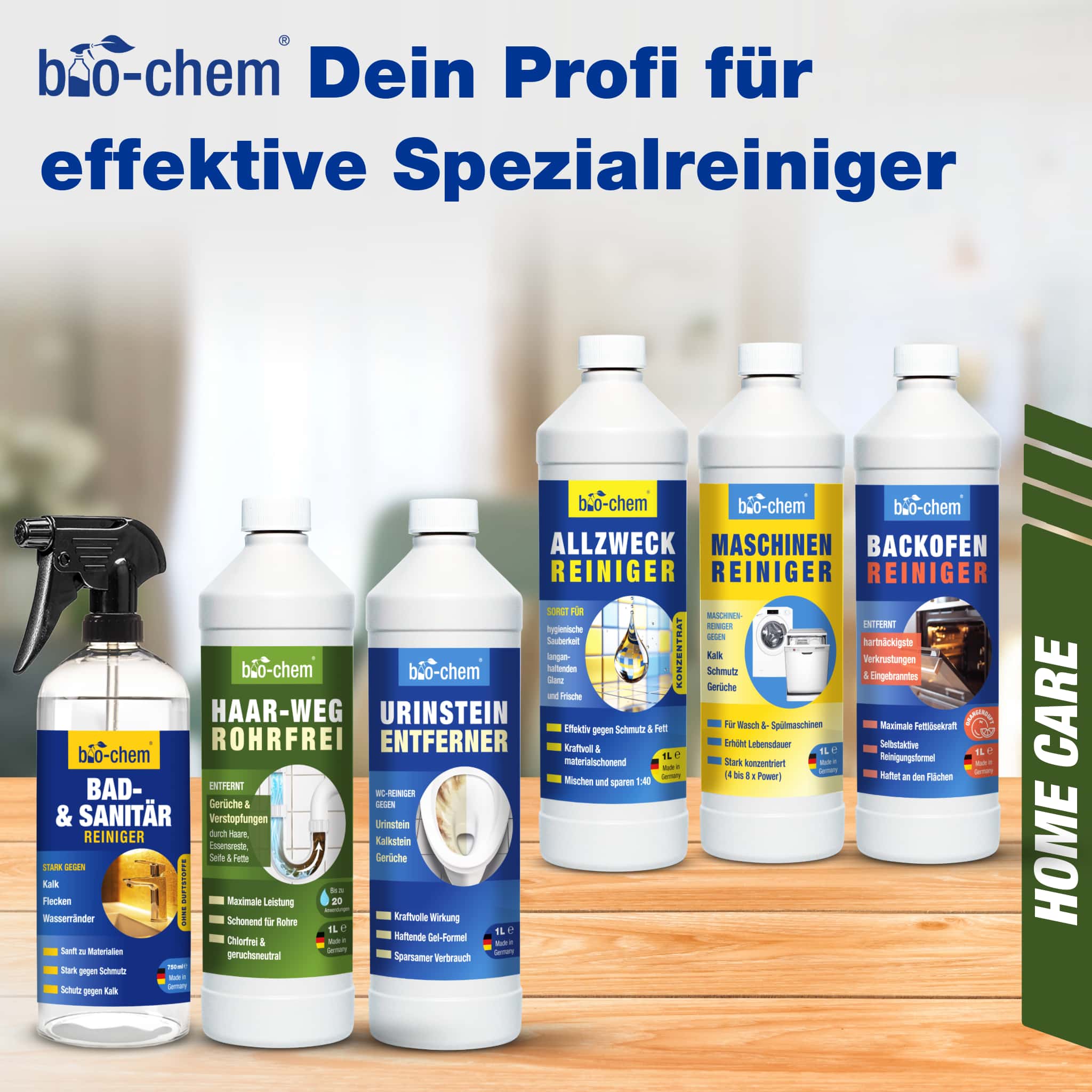 Sortiment von bio‑chem: Allzweckreiniger, Bad‑ &amp; Sanitärreiniger, Urinsteinentferner, Maschinen‑ und Backofenreiniger