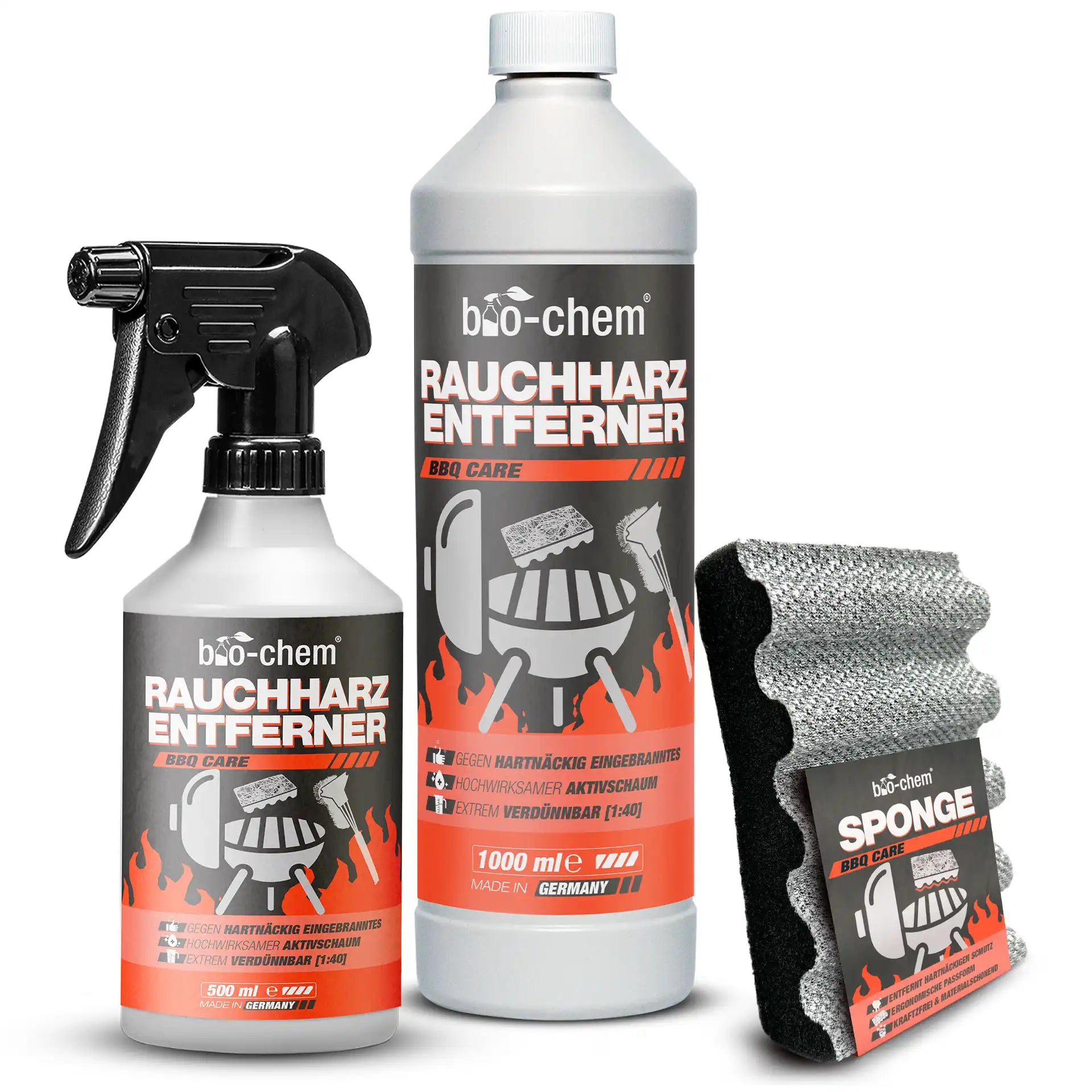 Sprayflasche Rauchharzentferner mit Flammen als Symbol für starke Reinigungskraft