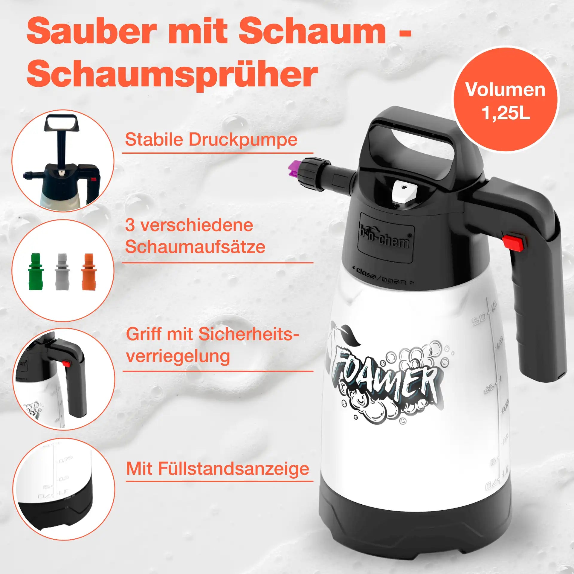 Schaumsprüher Drucksprühgerät mit drei verschiedenen Schaum-Aufsätzen. 